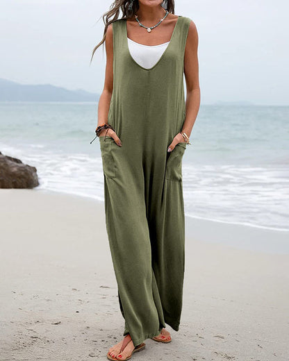 Wide Leg Jumpsuit Sleeveless V Neck Casual Loose Jumpsuit Comfy Baggy Tank Romper With Pockets