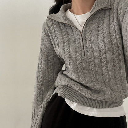 Vintage Lapel Neck Cable Knit Sweater - fairypeony