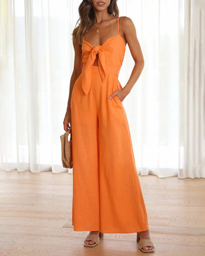 Ruffle Straps Crisscross Back Knot Front Slip Jumpsuit