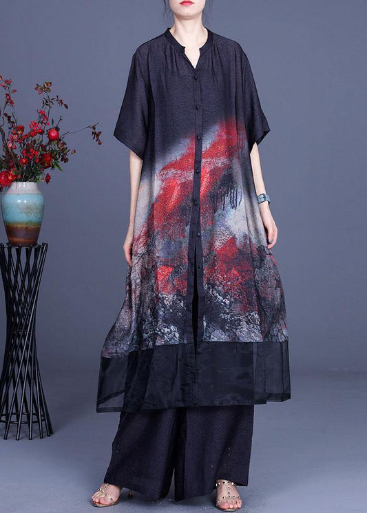 2021 Black Print Cardigan + Wide Leg Pants Two Piece Set - SooLinen