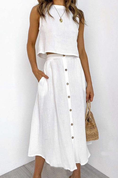 Margovil Sleeveless Crop Top and Button Down Skirt Cotton Linen Two Pieces