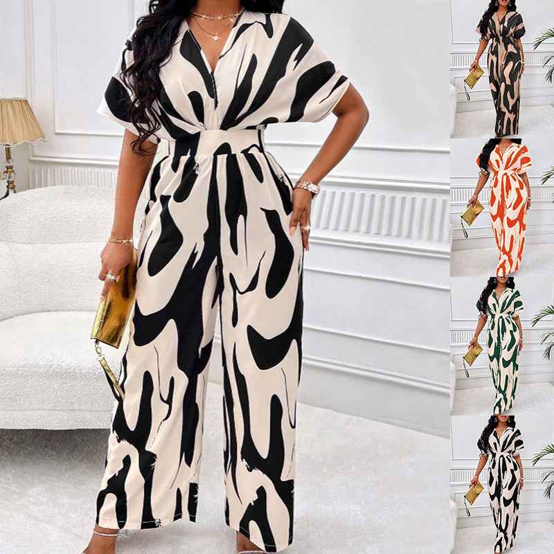 Jumpsuit  | Women Plus Size V-neck Loose Printed Long Jumpsuit | |  | thecurvestory.myshopify.com