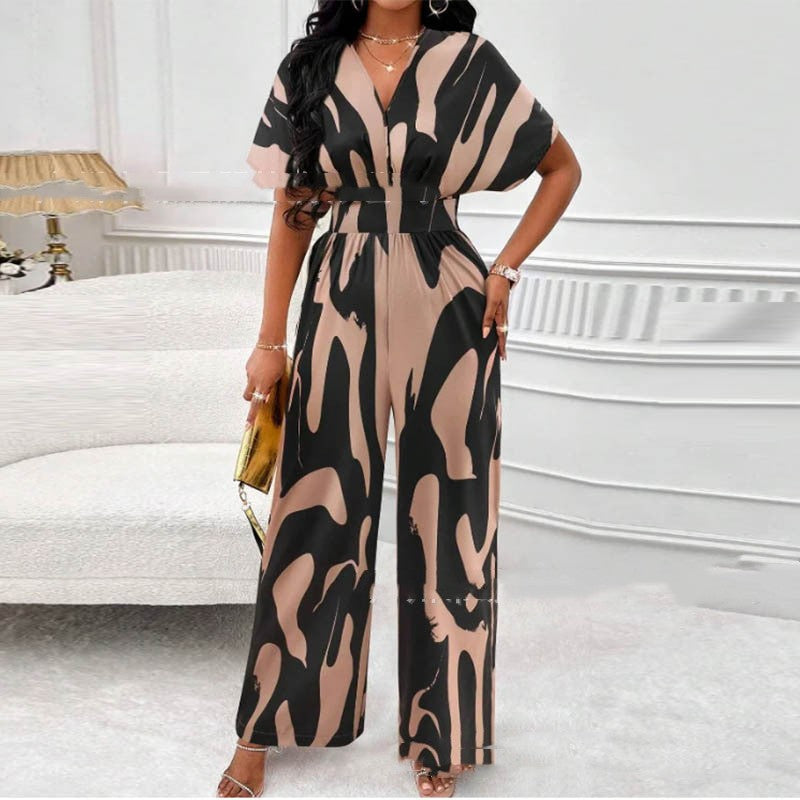 Jumpsuit  | Women Plus Size V-neck Loose Printed Long Jumpsuit | 2XL |  Red| thecurvestory.myshopify.com