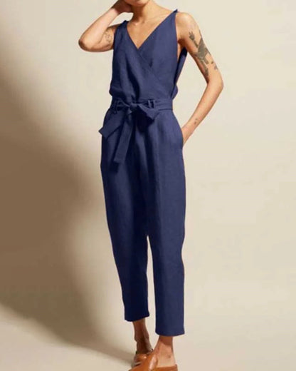 Sleeveless Backless Cotton Linen Striped Jumpsuit Loose Trouser Suit Romper With Belt