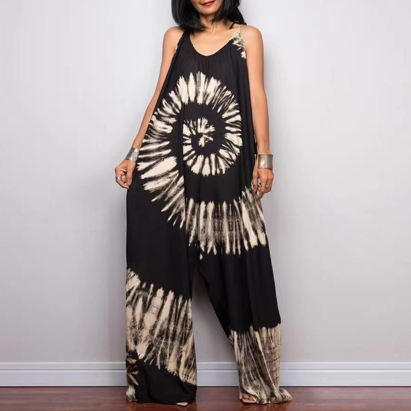 Jumpsuit  | Tie-Dye Print Wide-Leg Tie-Up Loose Jumpsuit | [option1] |  [option2]| thecurvestory.myshopify.com