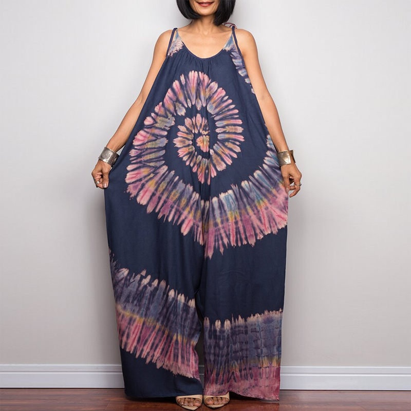 Jumpsuit  | Tie-Dye Print Wide-Leg Tie-Up Loose Jumpsuit | [option1] |  [option2]| thecurvestory.myshopify.com