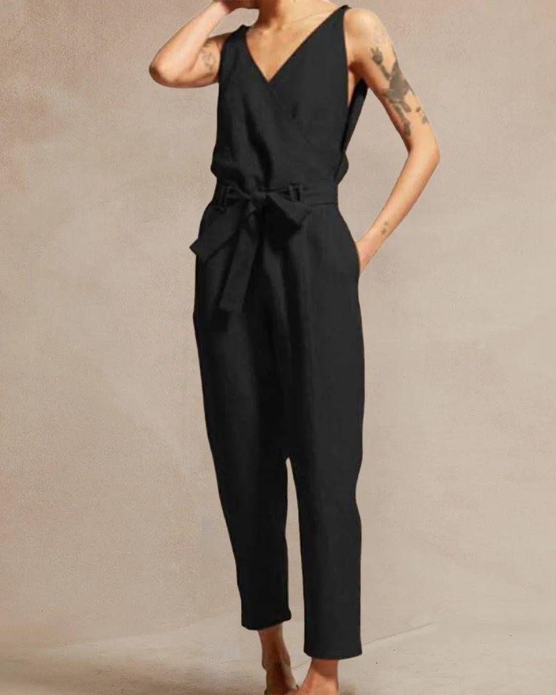 Sleeveless Backless Cotton Linen Striped Jumpsuit Loose Trouser Suit Romper With Belt