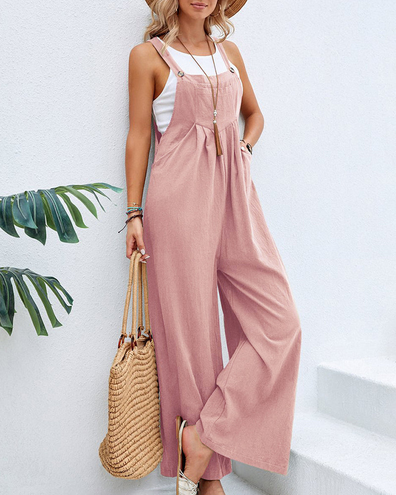 Solid Color Sleeveless Sling Pocket Wide Leg Side Button Plus Size Jumpsuits