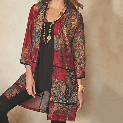 Women Ethnic Style Floral Print Patchwork 3/4 Sleeve Loose Mid Length Cardigan - MRSLM