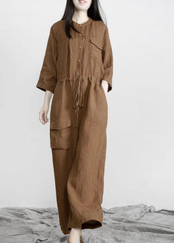 Elegant Chocolate Pockets Wide Leg Fall Linen Jumpsuit Pants - SooLinen