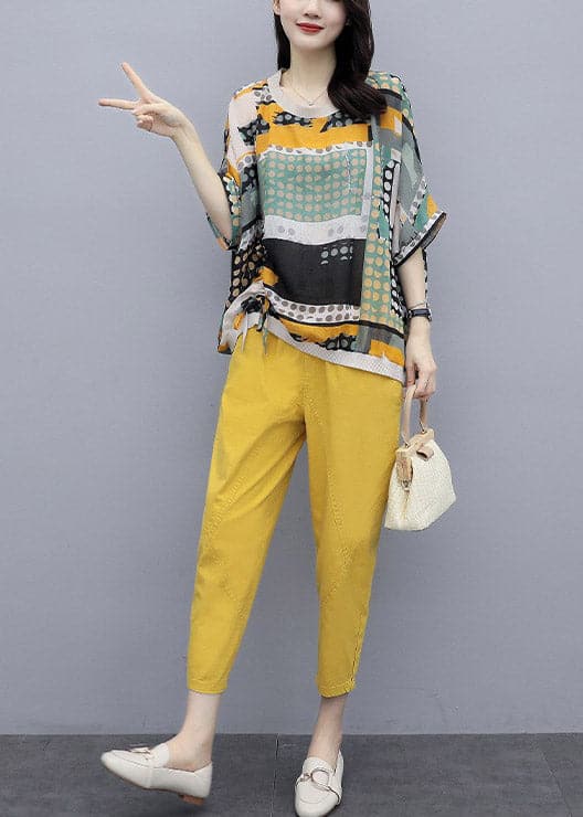 Fashion Yellow O-Neck Print Top And Pants Two Pieces Set Summer GK-TPIEC220422