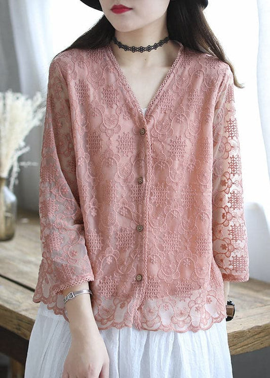 French Pink Embroideried Cotton Loose Cardigans Long Sleeve GK-CDG220509