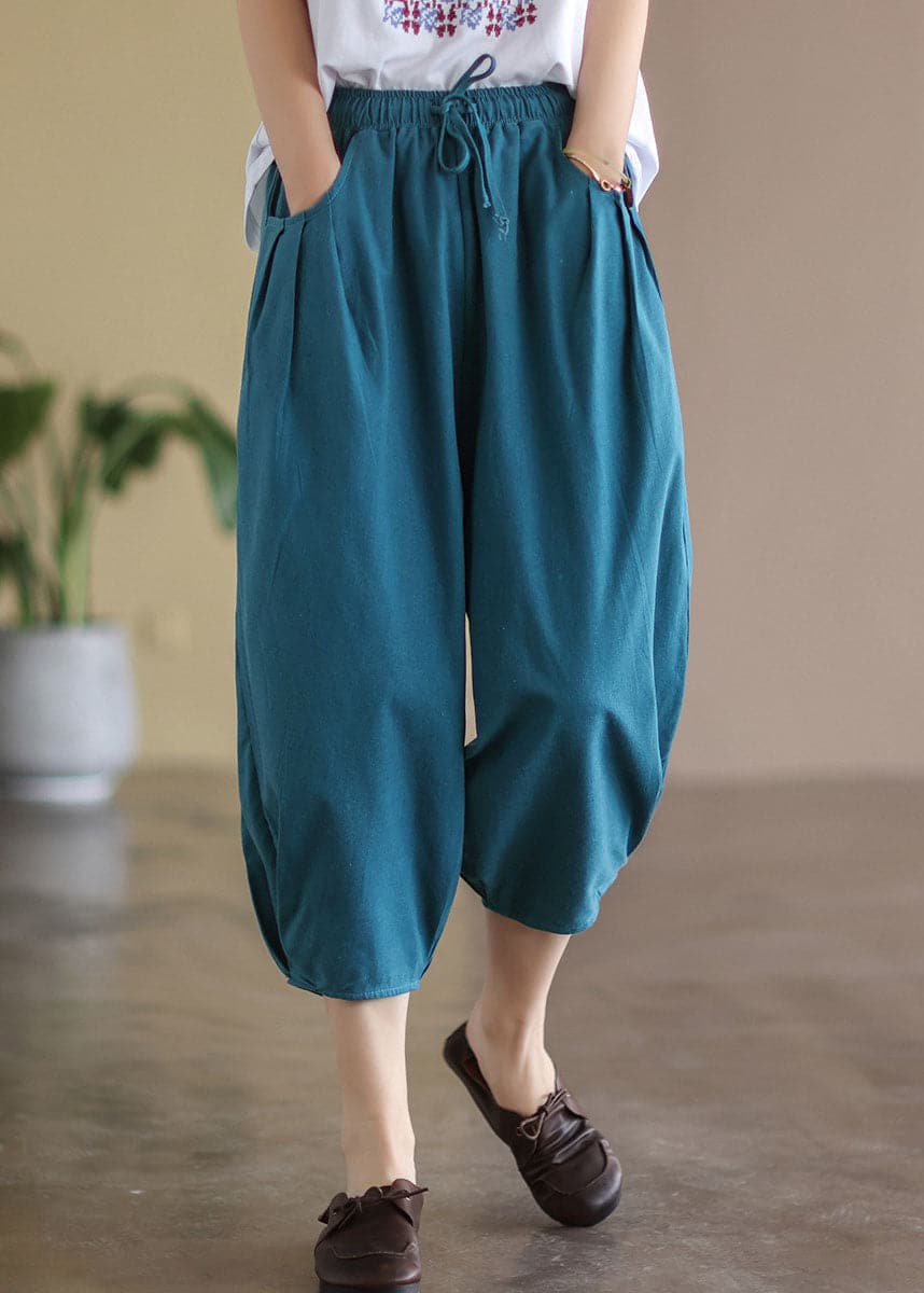 Italian Blue Solid Wrinkled Pockets Linen Crop Pants Summer GK-CPTS220516