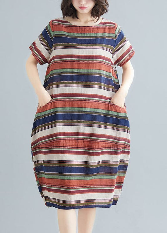 Italian Red Striped O-Neck Cotton Maxi Dress Short Sleeve GK-SDM220418