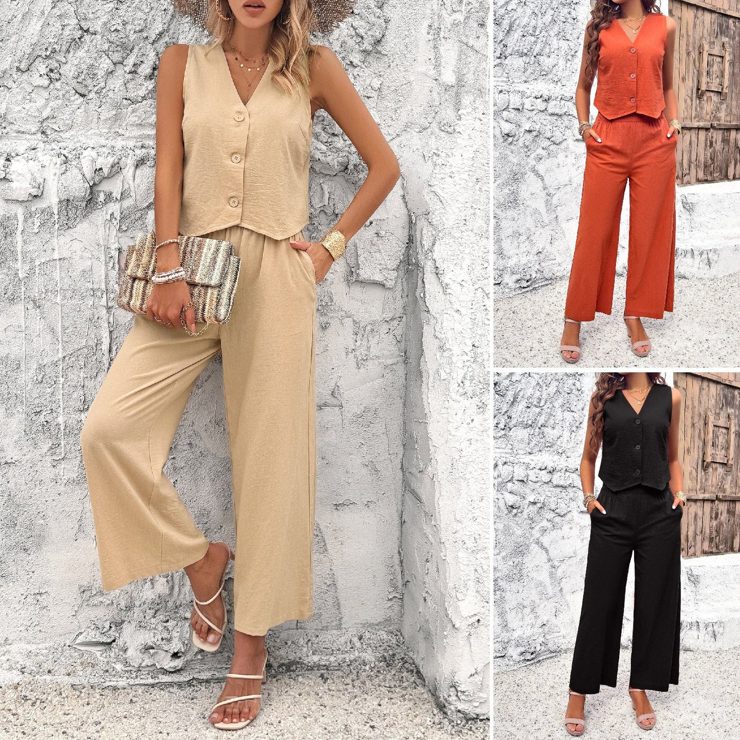 Claire® | Ensemble top et pantalon sans manches à col en V