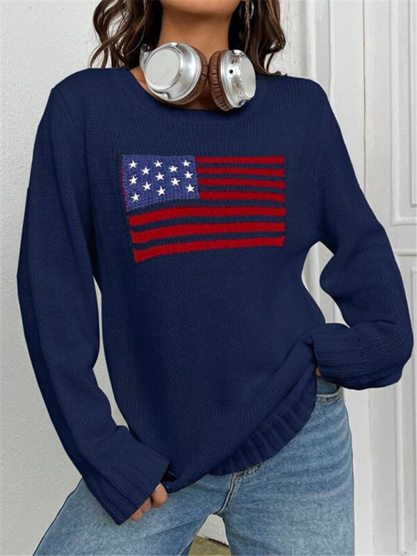 Patriotic Sweater- Patriotic Sweater with American Flag Print- - Pekosa Women Clothing