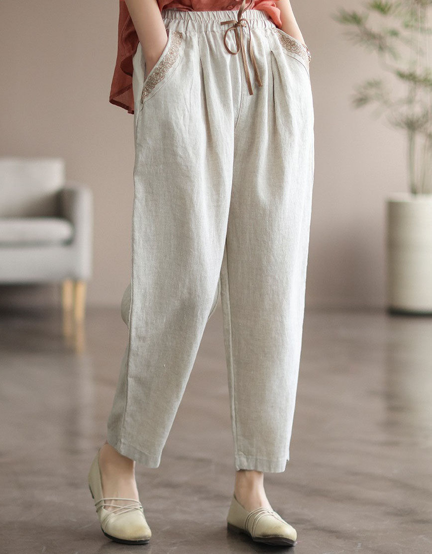 Pocket Embroidery Linen Pants for women Accessories 49.50