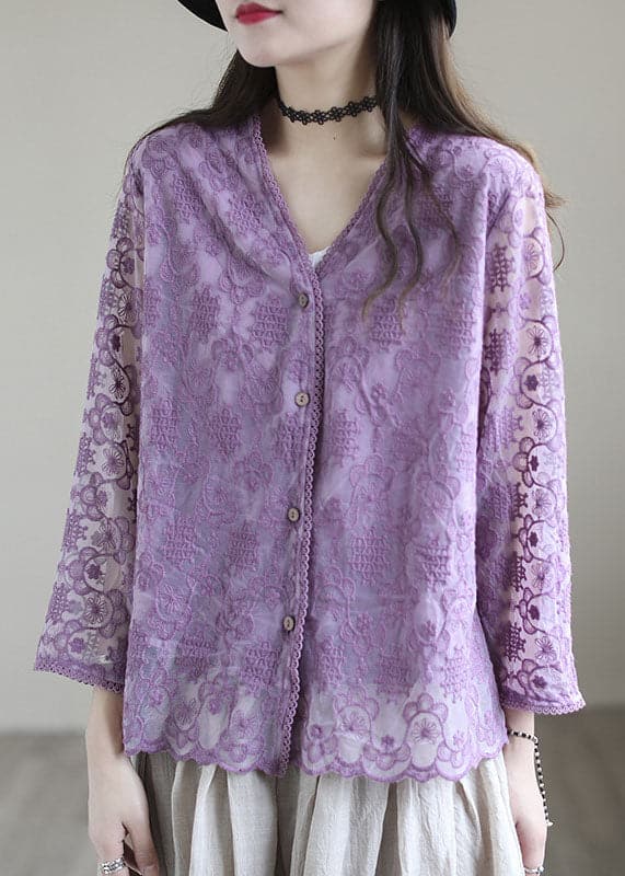 Purple Patchwork Cotton Loose Cardigans Hollow Out Long Sleeve GK-CDG220509