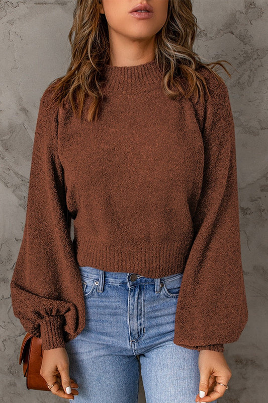 Ribbed Trim Balloon Sleeve Sweater - Pullover Sweaters - FITGGINS