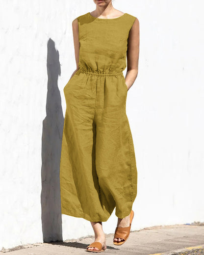 Cotton Playsuit Plain Short Sleeve Wide Leg Long Jumpsuit