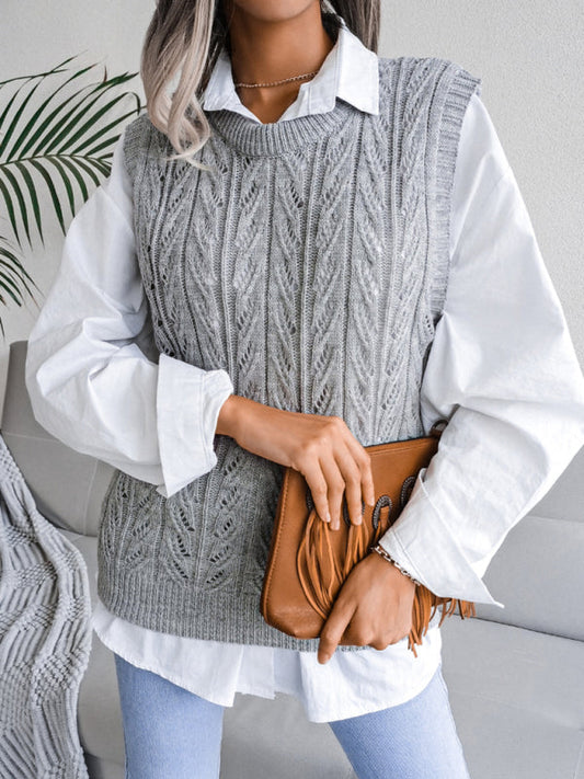 Sweater Vests- Cable Knit Round Neck Sweater Vest- - Pekosa Women Clothing