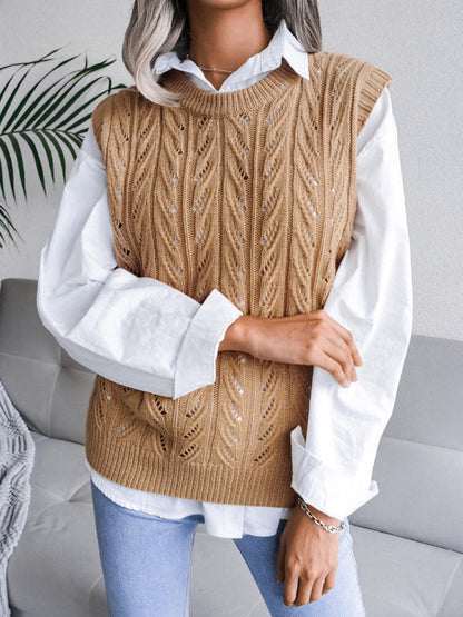 Sweater Vests- Cable Knit Round Neck Sweater Vest- - Pekosa Women Clothing