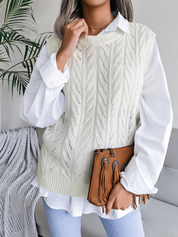 Sweater Vests- Cable Knit Round Neck Sweater Vest- - Pekosa Women Clothing