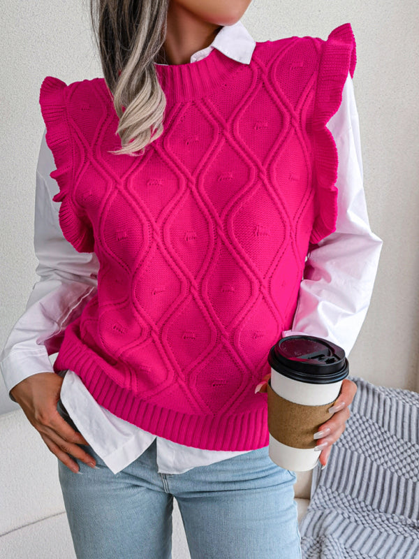 Sweater Vests- Diamond Knit High Neck Sweater Vest- - Pekosa Women Clothing