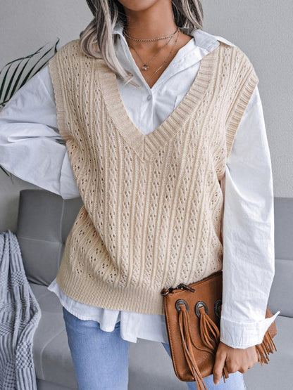 Sweater Vests- Knitted V Neck Sweater - Twist Cable Knit Vest- - Pekosa Women Clothing