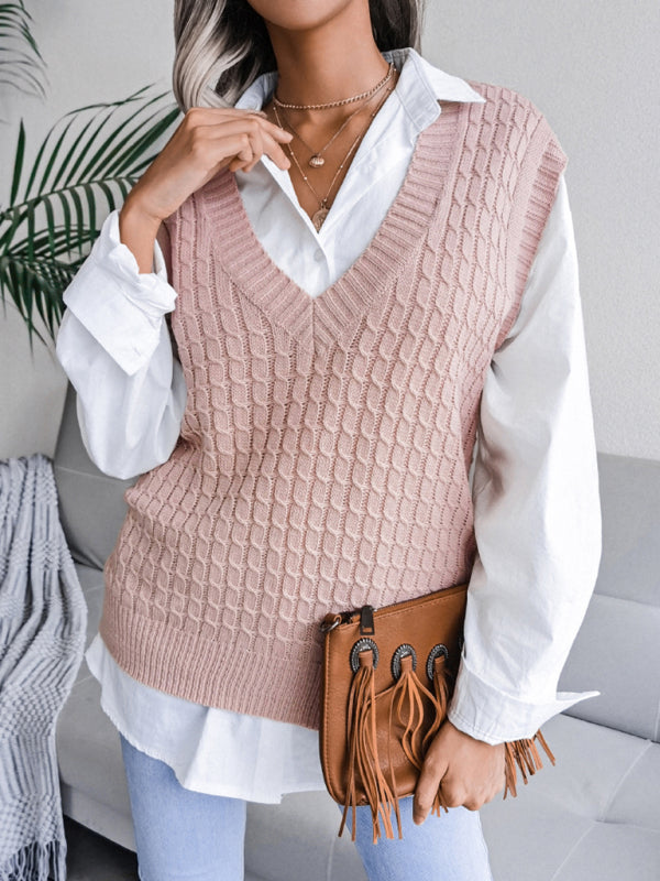 Sweater Vests- Knitwear Vest - V Neck Twist Knitted Sweater- - Pekosa Women Clothing