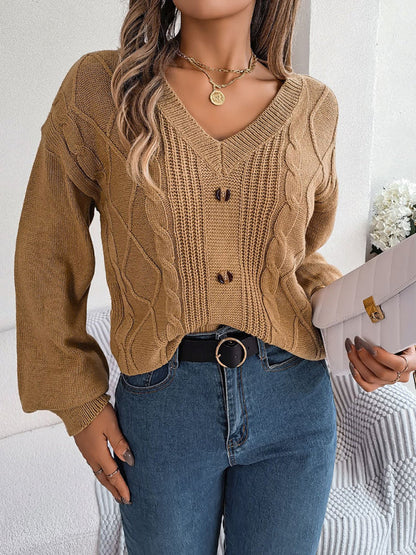 Sweaters- Autumn V-Neck Cable Knit Sweater with Delicate Button Accents- - Pekosa Women Clothing