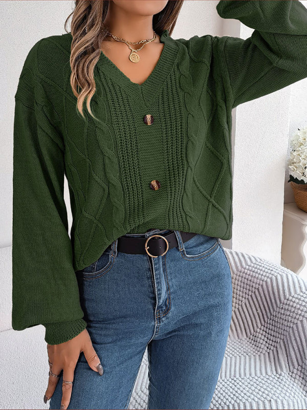 Sweaters- Autumn V-Neck Cable Knit Sweater with Delicate Button Accents- - Pekosa Women Clothing