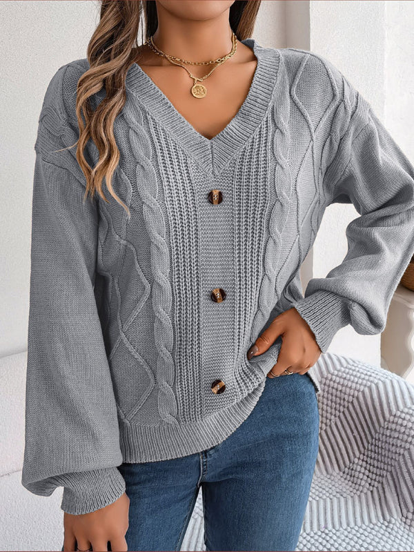 Sweaters- Autumn V-Neck Cable Knit Sweater with Delicate Button Accents- - Pekosa Women Clothing