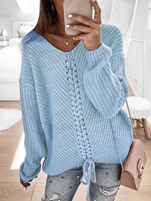 Sweaters- Braid Knit Sweater | Relaxed Drop Shoulder Jumper- - Pekosa Women Clothing