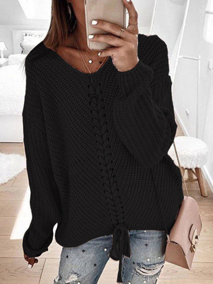 Sweaters- Braid Knit Sweater | Relaxed Drop Shoulder Jumper- - Pekosa Women Clothing