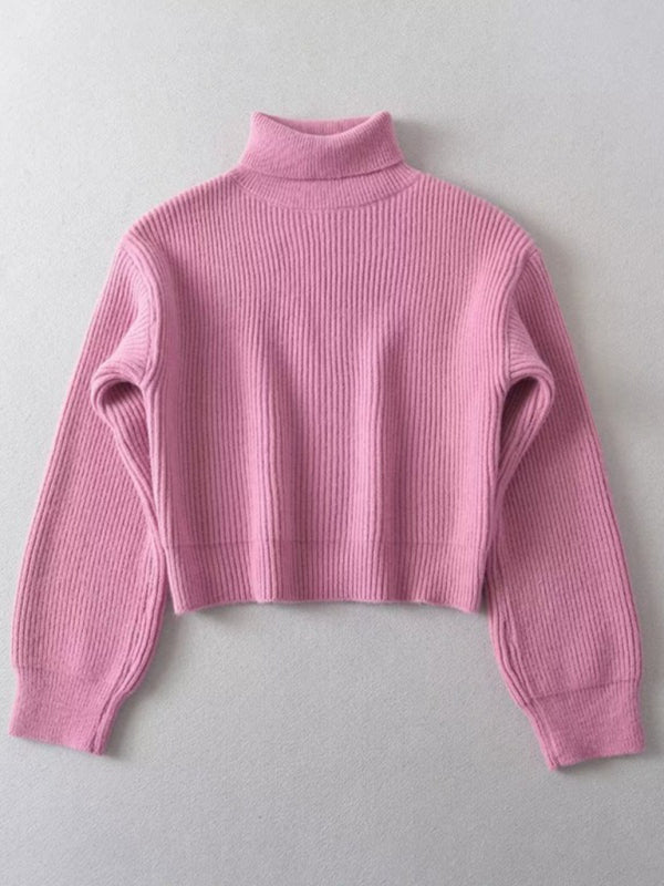 Sweaters- Cozy Knit High Neck Crop Sweater | Turtleneck Jumper- - Pekosa Women Clothing