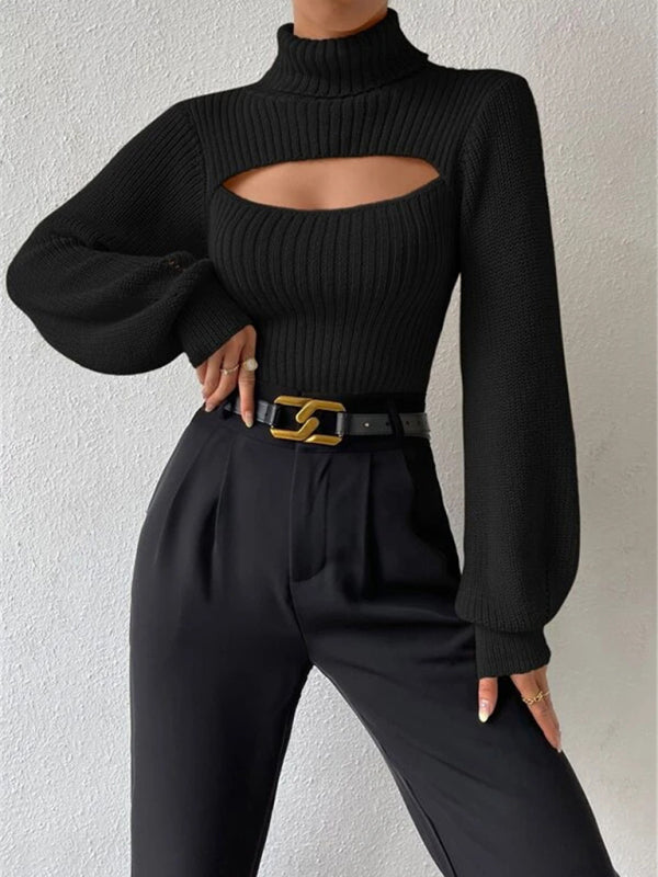 Sweaters- Elegant Rib-Knit Turtleneck Sweater with Cutout Front- - Pekosa Women Clothing