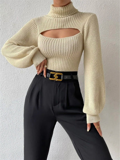 Sweaters- Elegant Rib-Knit Turtleneck Sweater with Cutout Front- - Pekosa Women Clothing