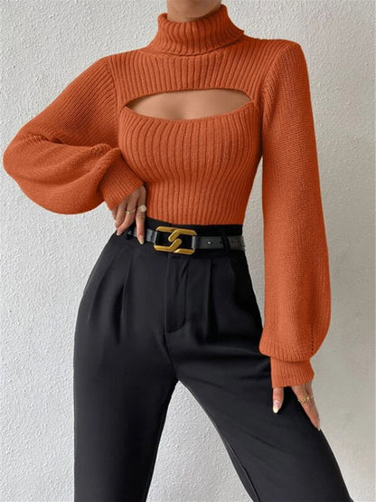 Sweaters- Elegant Rib-Knit Turtleneck Sweater with Cutout Front- - Pekosa Women Clothing