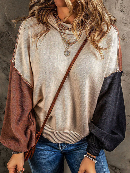 Sweaters- Multi Tones Oversized Patchwork Knit Sweater- - Pekosa Women Clothing