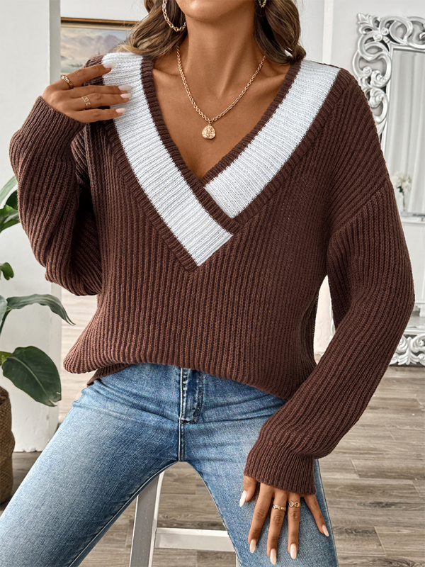 Sweaters- Oversized Wide V-Neck Sweater - Autumn Jumper Layering- - Pekosa Women Fashion