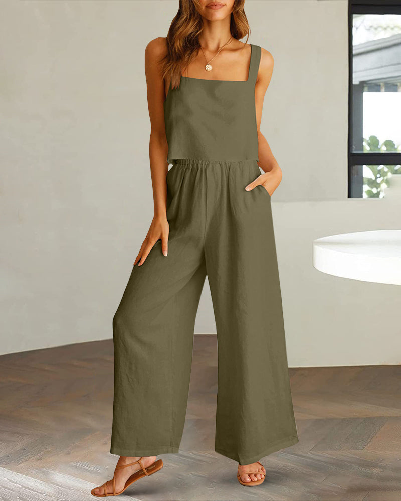 2 piece outfits square neck tank crop top wide leg pants matching lounge set tracksuit