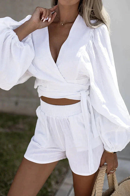 Aliyah® | Linen Blend Wrap Shorts Suit