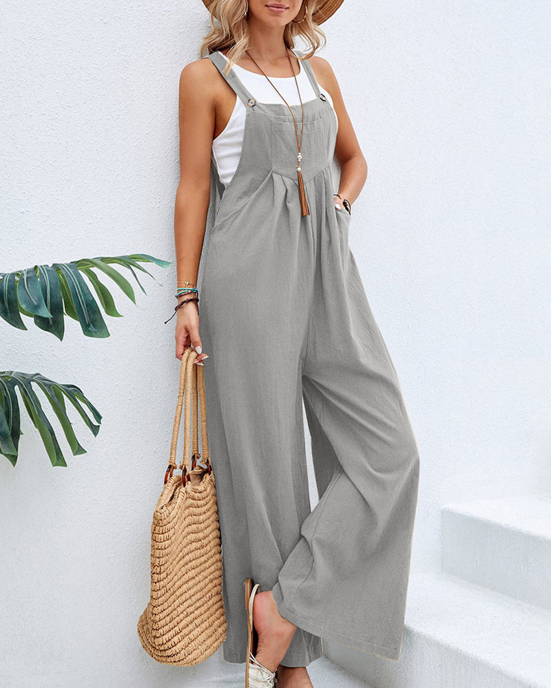 Solid Color Sleeveless Sling Pocket Wide Leg Side Button Plus Size Jumpsuits