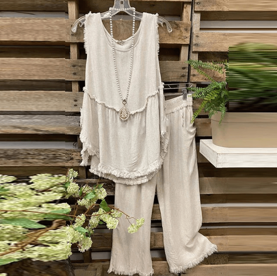 Buddhatrends Beige / XL Clara Cotton Linen Tank Top + Matching Pants