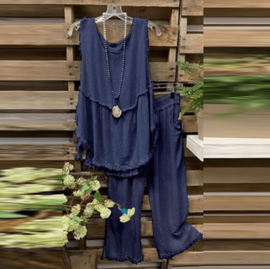 Buddhatrends Navy / XL Cotton Linen Vest And  Wide Leg Pants Set