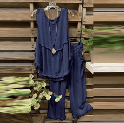 Buddhatrends Navy / XL Cotton Linen Vest And  Wide Leg Pants Set