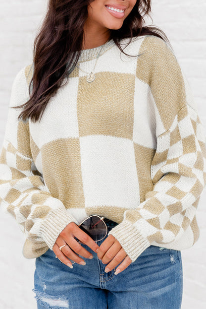 Checkered Print Drop Shoulder Sweater - Sweaters & Cardigans - Sunny Angela