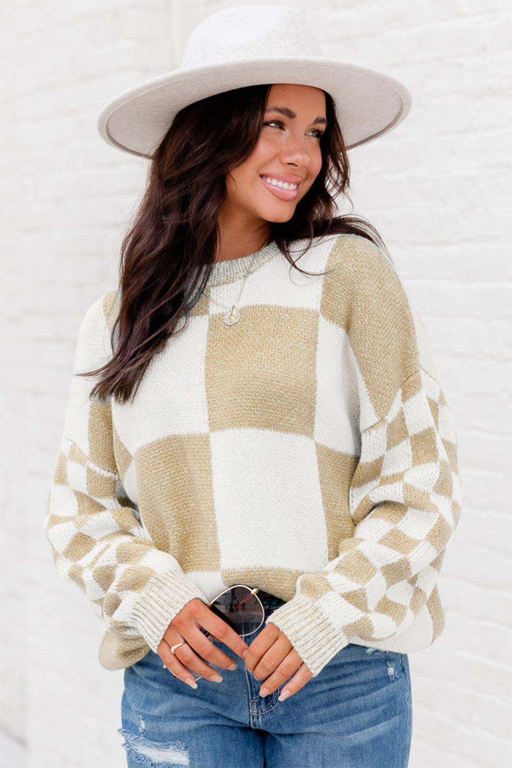 Checkered Print Drop Shoulder Sweater - Sweaters & Cardigans - Sunny Angela