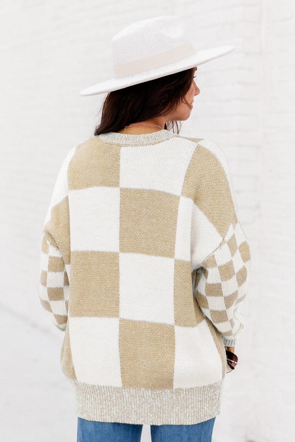 Checkered Print Drop Shoulder Sweater - Sweaters & Cardigans - Sunny Angela